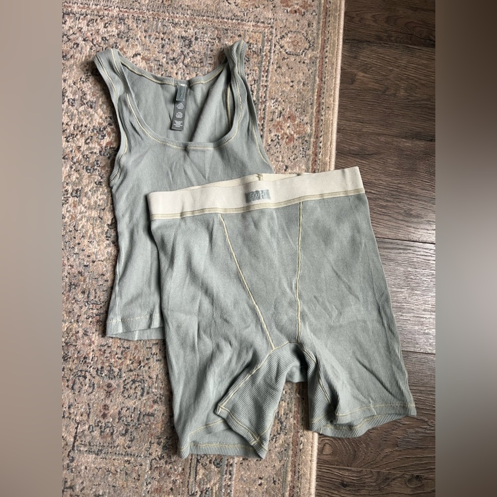 SKIMS Sage Ribbed Tank and Boxer Short Set